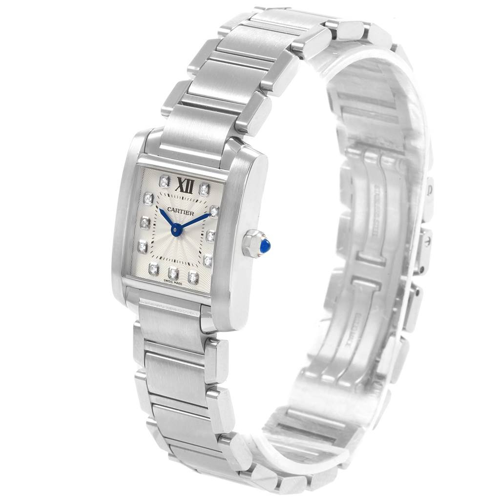 The image shows a Cartier Tank Francaise WE110006 Women's Stainless Steel Silver Dial WE110006 Women's Stainless Steel Silver Dial watch at a slight angle, highlighting the rectangular dial, bracelet, and sapphire crown.