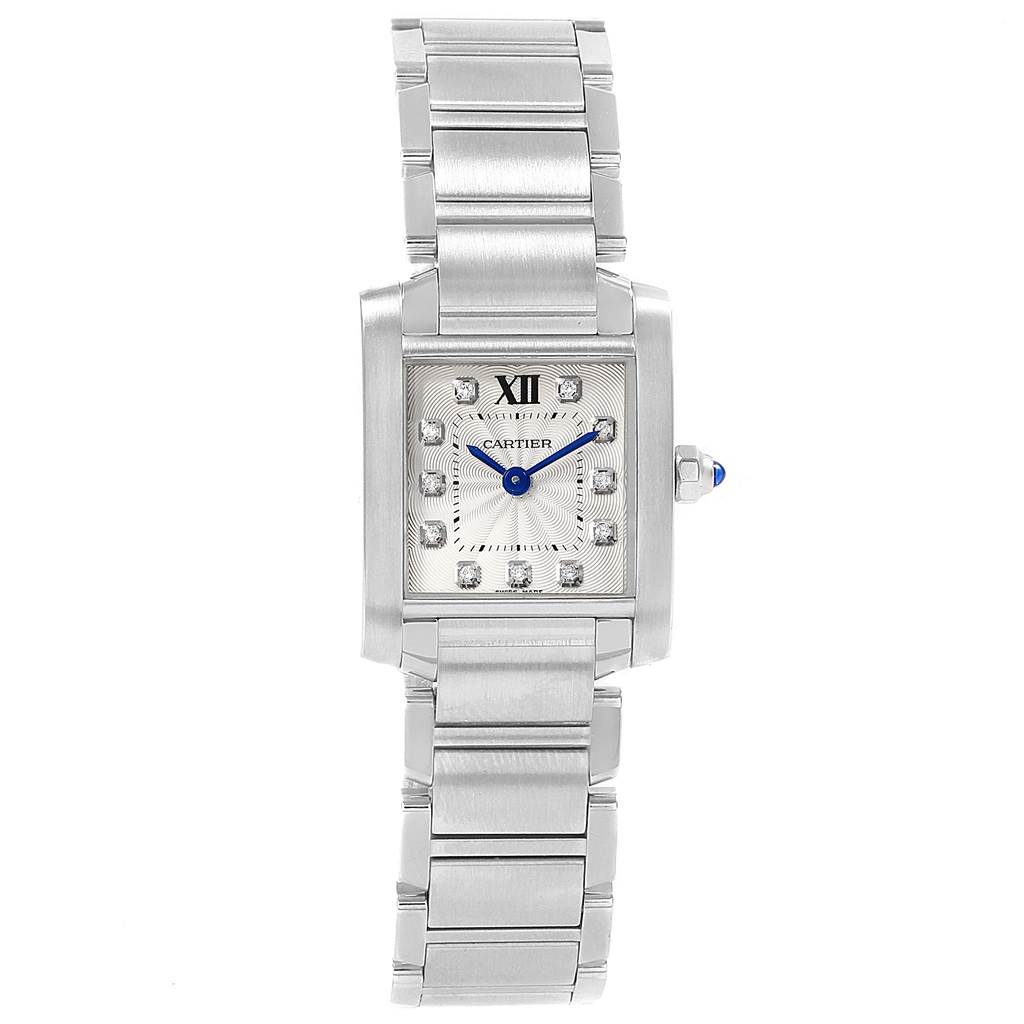The image shows a front view of a Cartier Tank Francaise WE110006 Women's Stainless Steel Silver Dial WE110006 Women's Stainless Steel Silver Dial watch, displaying its dial, case, and bracelet.