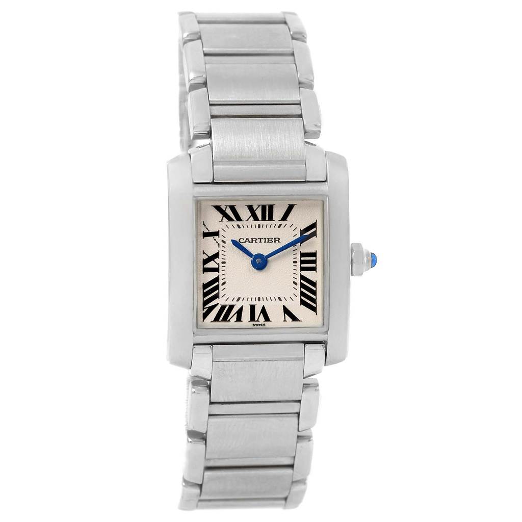 The image shows a front view of the Cartier Tank Francaise W51008Q3 Women's Stainless Steel Silver Dial W51008Q3 Women's Stainless Steel Silver Dial watch, highlighting the face, bracelet, and crown.