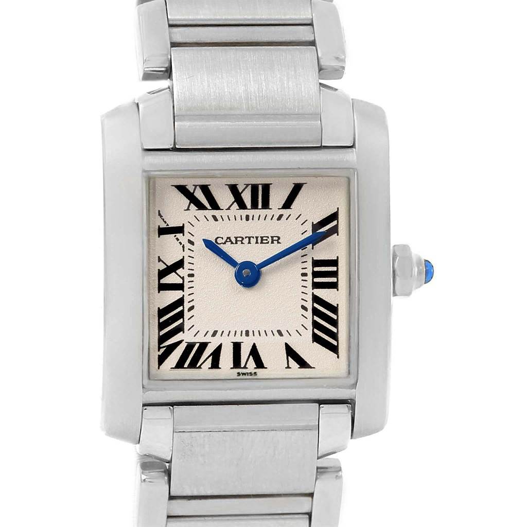 This image shows a close-up, front view of the Cartier Tank Française watch, highlighting its face, bracelet, and crown.