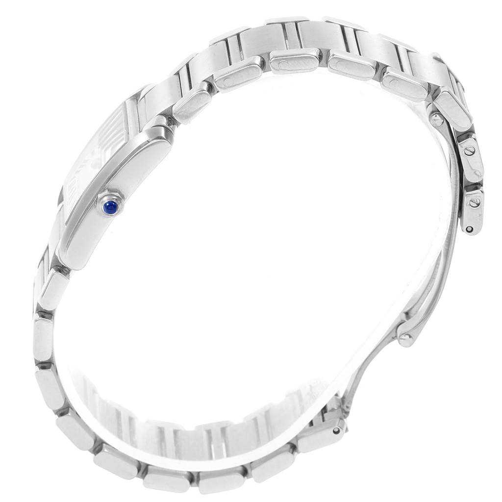 This image shows a side view of the Tank Francaise model by Cartier, highlighting its bracelet and crown.