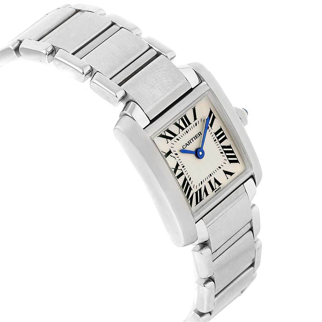 The image shows a Cartier Tank Francaise W51008Q3 Women's Stainless Steel Silver Dial W51008Q3 Women's Stainless Steel Silver Dial model watch from a slight side angle, highlighting the face and part of the metal bracelet.