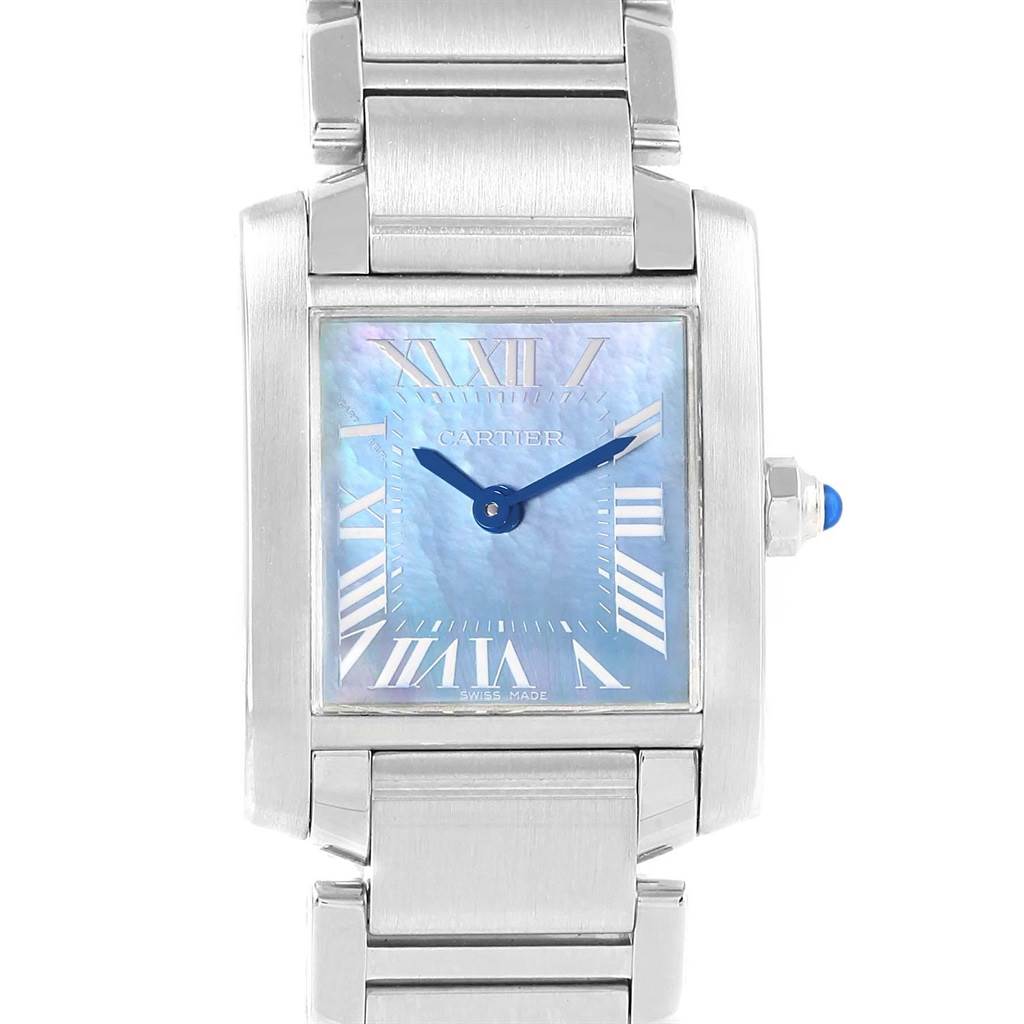 The image shows a front view of the Cartier Tank Francaise W51034Q3 Women's Stainless Steel Mother of Pearl Dial W51034Q3 Women's Stainless Steel Mother of Pearl Dial watch, highlighting its face, bracelet, and side crown.