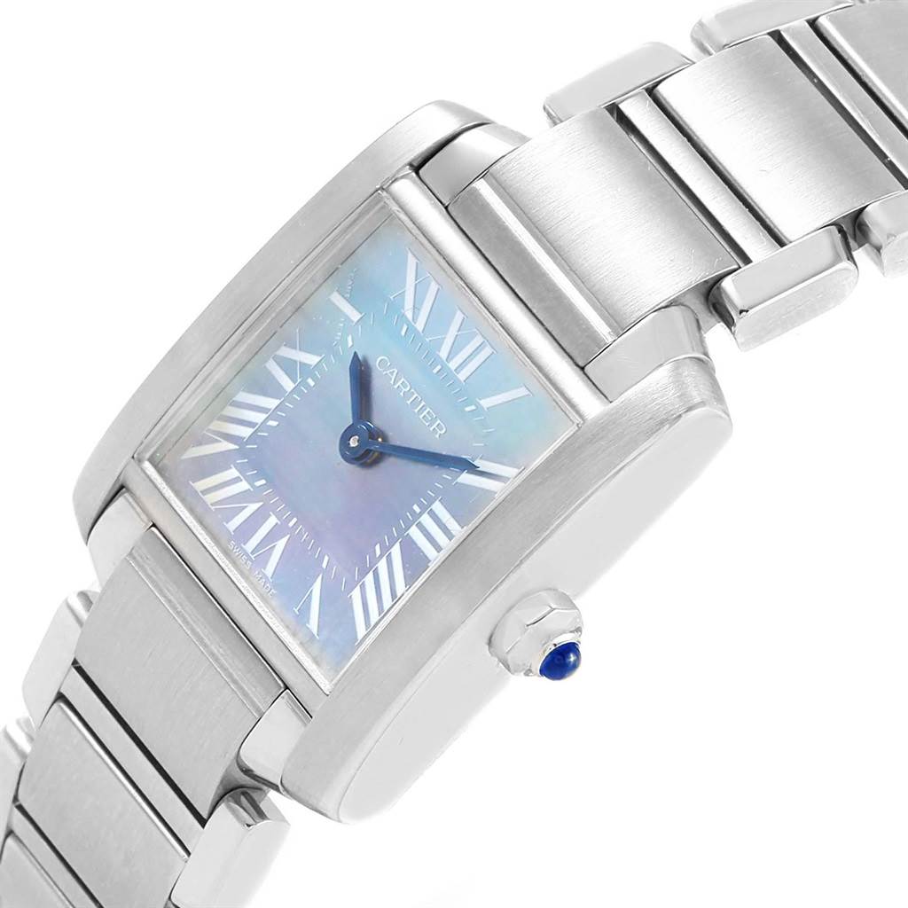 The image shows a Cartier Tank Francaise W51034Q3 Women's Stainless Steel Mother of Pearl Dial W51034Q3 Women's Stainless Steel Mother of Pearl Dial watch from a side angle, highlighting the dial, case, and bracelet with a visible crown.
