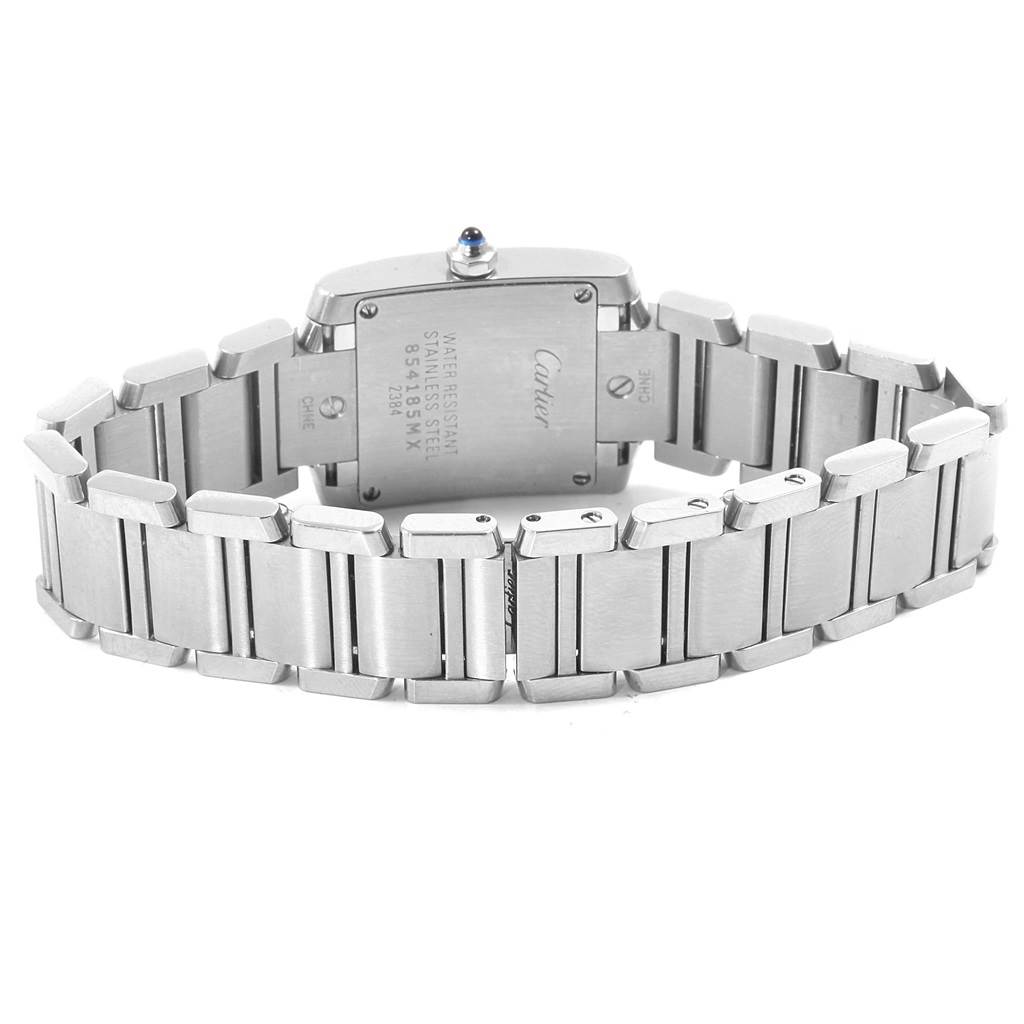 The image shows the back view of a Cartier Tank Francaise W51034Q3 Women's Stainless Steel Mother of Pearl Dial W51034Q3 Women's Stainless Steel Mother of Pearl Dial watch, highlighting its stainless steel case and bracelet.