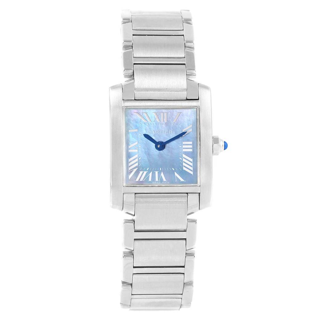 The image shows a Cartier Tank Française watch with a full frontal view, including its metal bracelet and blue dial.