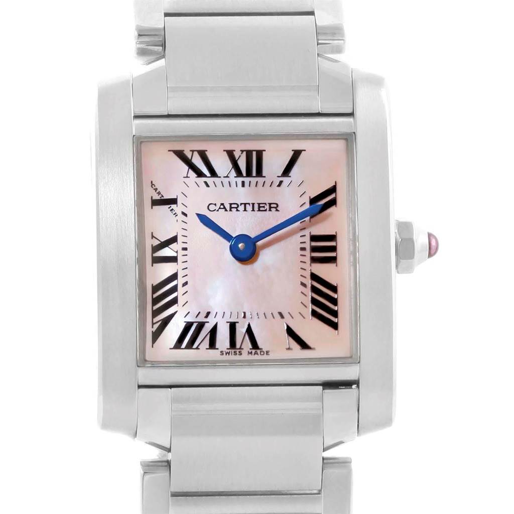 The image shows a close-up of the dial and part of the bracelet of the Cartier Tank Francaise W51028Q3 Women's Stainless Steel Mother of Pearl Dial W51028Q3 Women's Stainless Steel Mother of Pearl Dial watch.