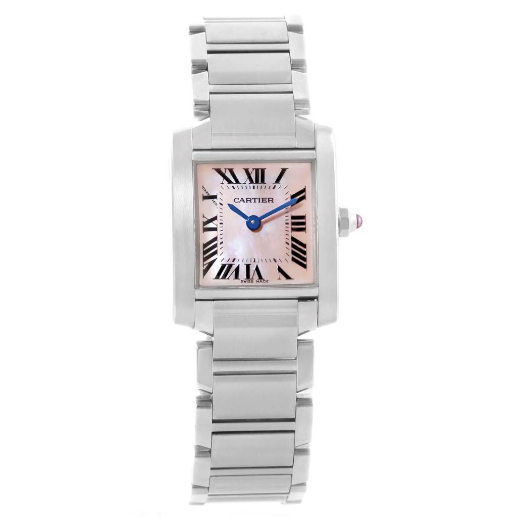 The Cartier Tank Francaise W51028Q3 Women's Stainless Steel Mother of Pearl Dial W51028Q3 Women's Stainless Steel Mother of Pearl Dial watch is shown from a front angle, displaying its face and metal bracelet.