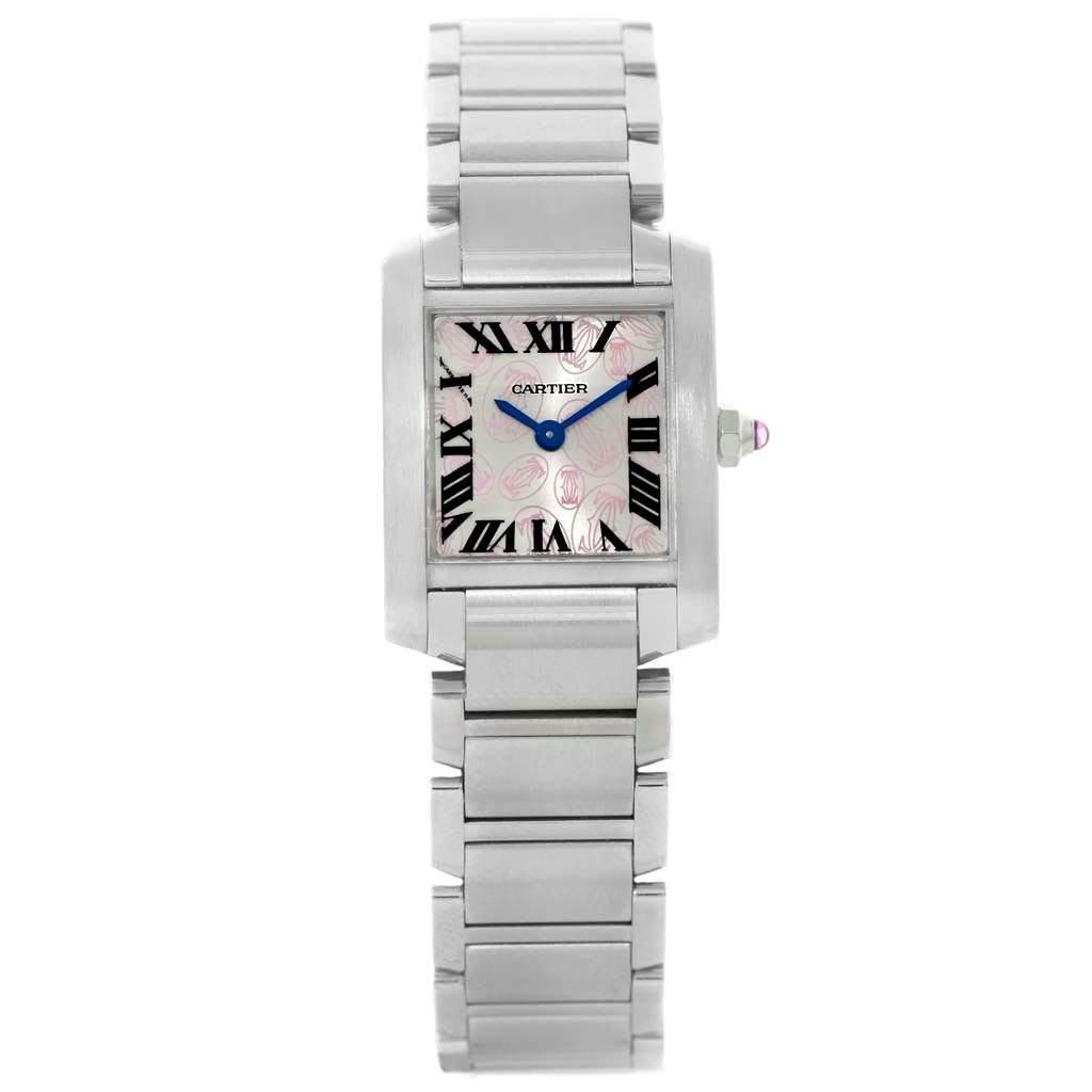 The image shows a front view of a Cartier Tank Francaise W51031Q3 Women's Stainless Steel Silver Dial W51031Q3 Women's Stainless Steel Silver Dial watch, displaying its case, bracelet, and dial.