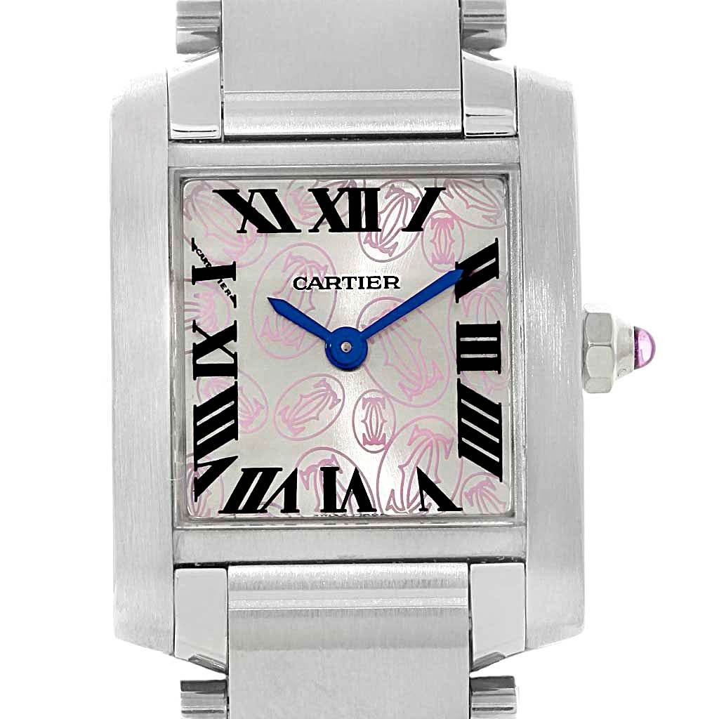 The image shows a close-up of the Cartier Tank Francaise W51031Q3 Women's Stainless Steel Silver Dial W51031Q3 Women's Stainless Steel Silver Dial watch dial, displaying Roman numerals and blue hands.