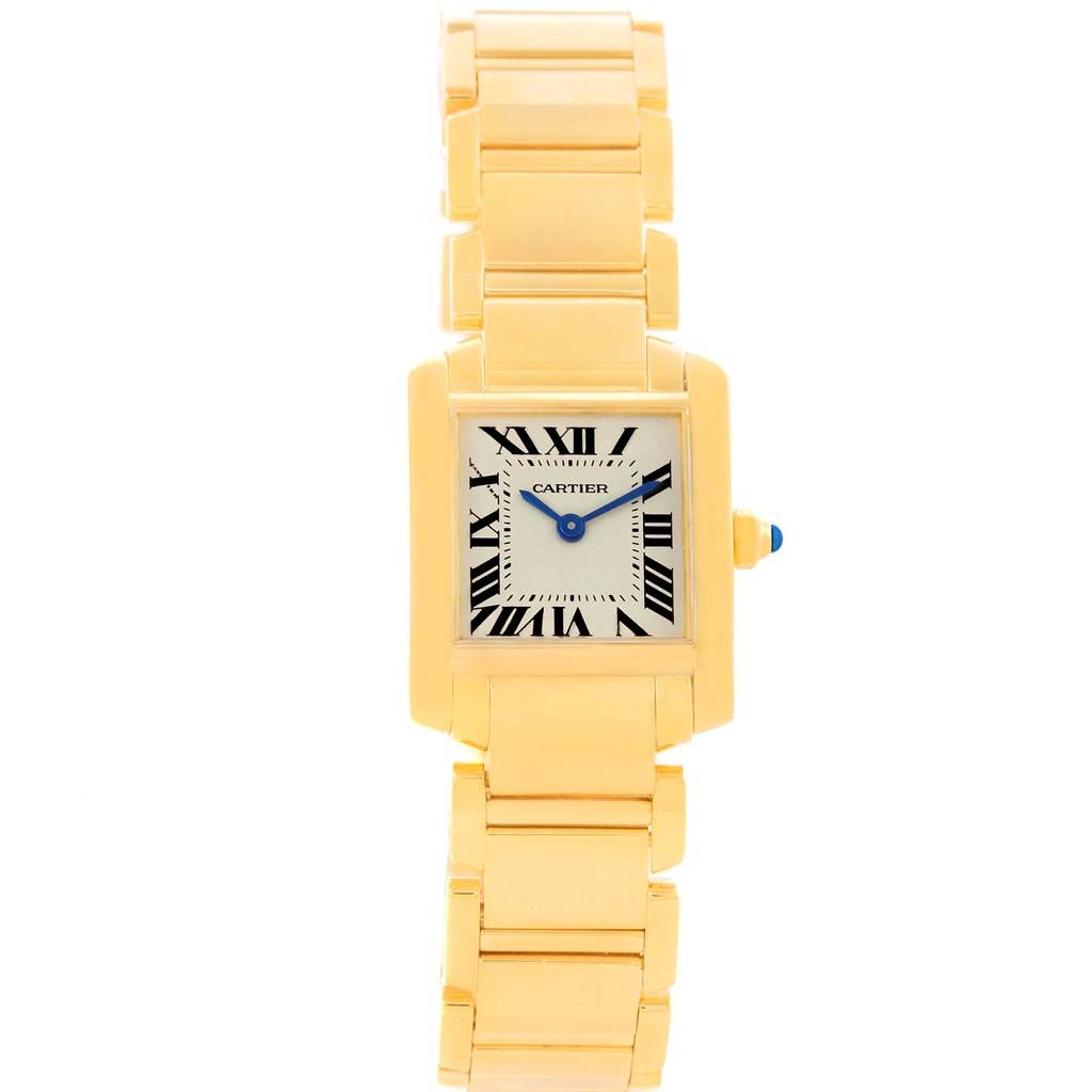 The image shows a frontal view of the Cartier Tank Française watch, highlighting the rectangular face and gold bracelet.