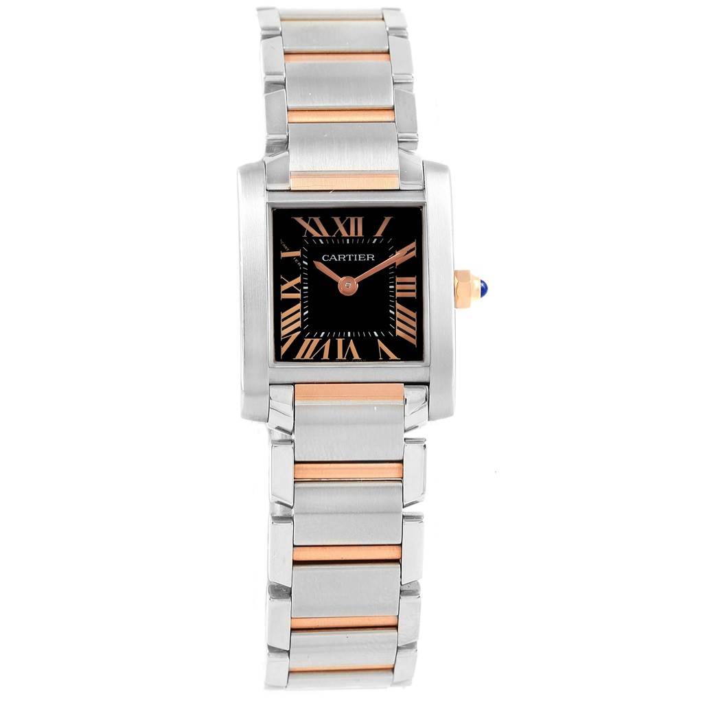 The Cartier Tank Francaise W5010001 Women's Steel and Gold (two tone) Black Dial W5010001 Women's Steel and Gold (two tone) Black Dial watch is shown from a top-down angle, displaying the face and full bracelet.