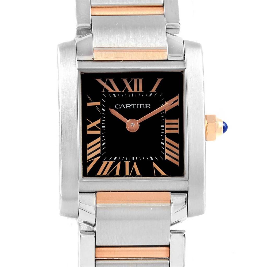 The image shows a front view of a Cartier Tank Francaise W5010001 Women's Steel and Gold (two tone) Black Dial W5010001 Women's Steel and Gold (two tone) Black Dial watch, displaying its square face, Roman numerals, and metal bracelet.