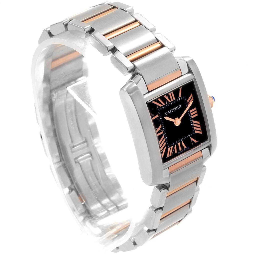 The image shows a Cartier Tank Francaise W5010001 Women's Steel and Gold (two tone) Black Dial W5010001 Women's Steel and Gold (two tone) Black Dial watch at a tilted angle, highlighting its face and two-tone bracelet.