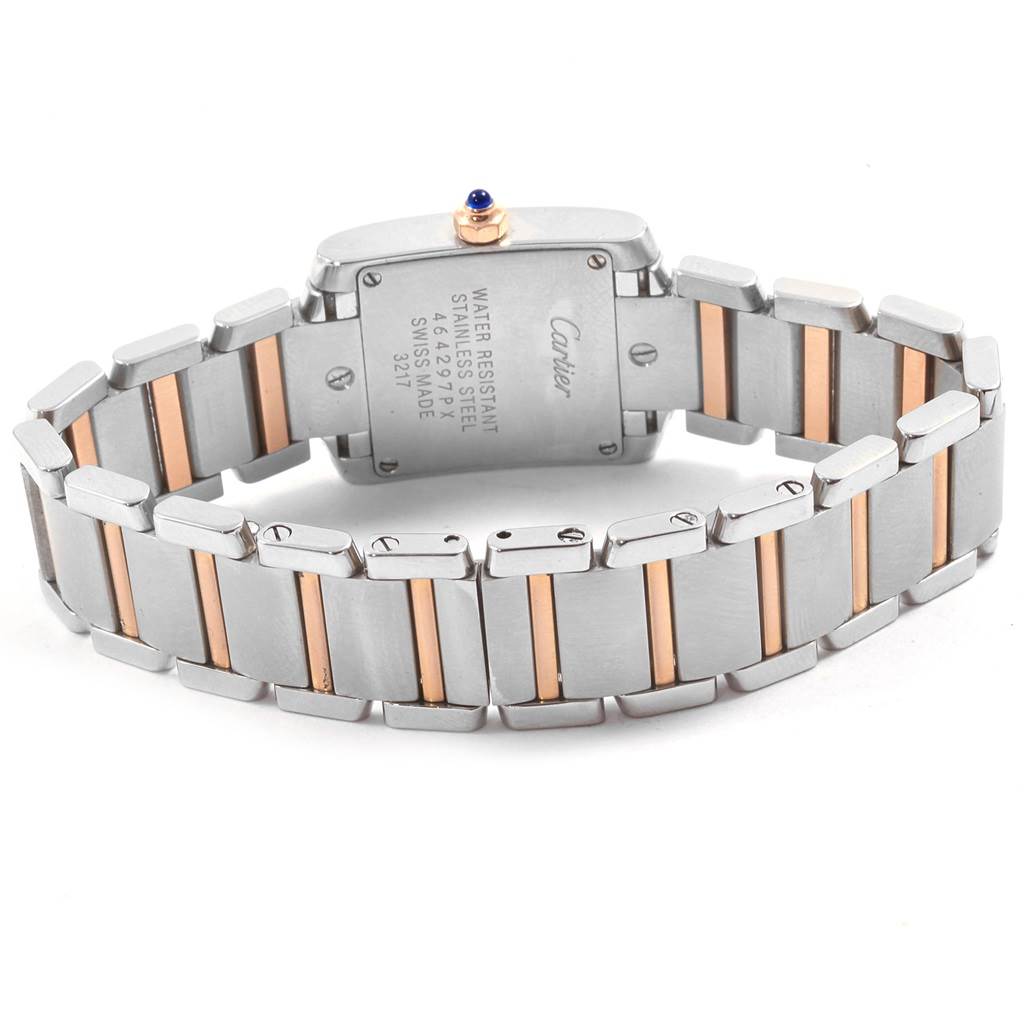This image shows the back and bracelet of a Cartier Tank Française watch at an angle emphasizing its dual-tone metal link bracelet.