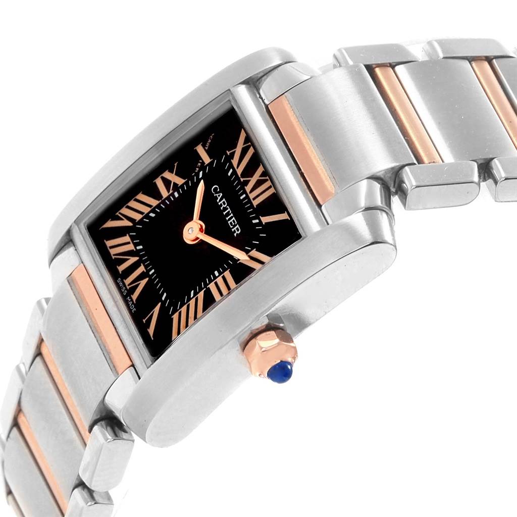 The image shows a close-up, angled view of the Cartier Tank Francaise W5010001 Women's Steel and Gold (two tone) Black Dial W5010001 Women's Steel and Gold (two tone) Black Dial watch, displaying the face, crown, and part of the metal band.