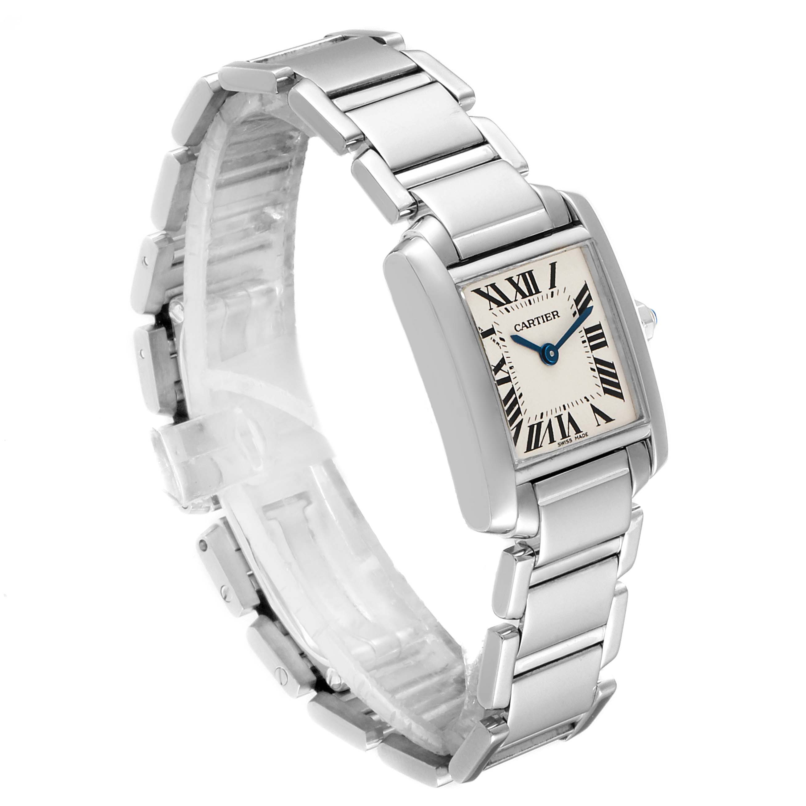 This image shows the Cartier Tank Francaise W50012S3 Women's White Gold Silver Dial W50012S3 Women's White Gold Silver Dial watch from a three-quarter view, highlighting its bracelet and rectangular face.