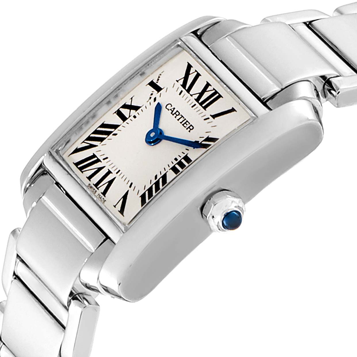 The Cartier Tank Francaise W50012S3 Women's White Gold Silver Dial W50012S3 Women's White Gold Silver Dial watch is shown at an angle highlighting its face, crown, and part of the metal bracelet.