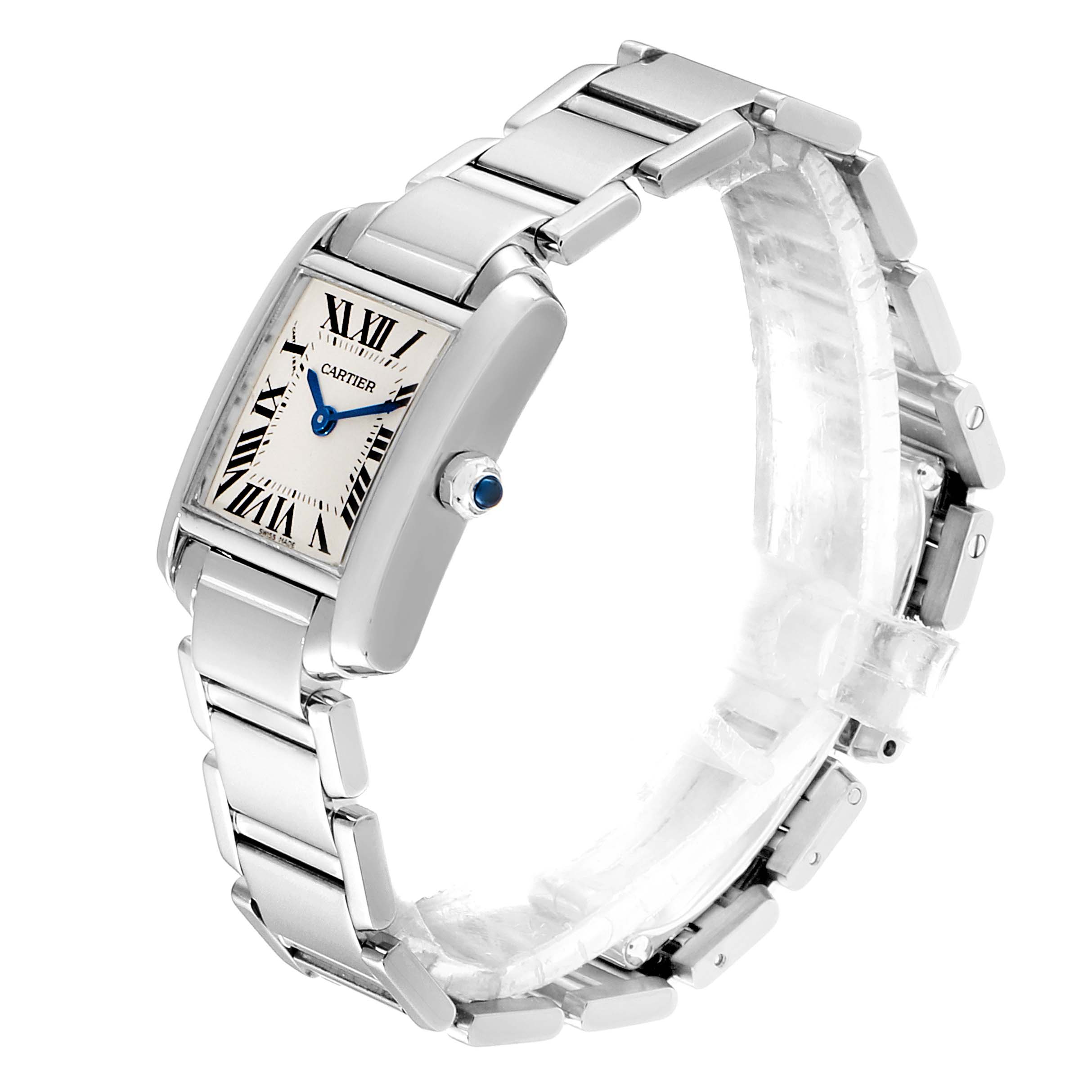 The image shows a Cartier Tank Francaise W50012S3 Women's White Gold Silver Dial W50012S3 Women's White Gold Silver Dial watch at a three-quarter angle, displaying its rectangular face, roman numerals, and metal bracelet.