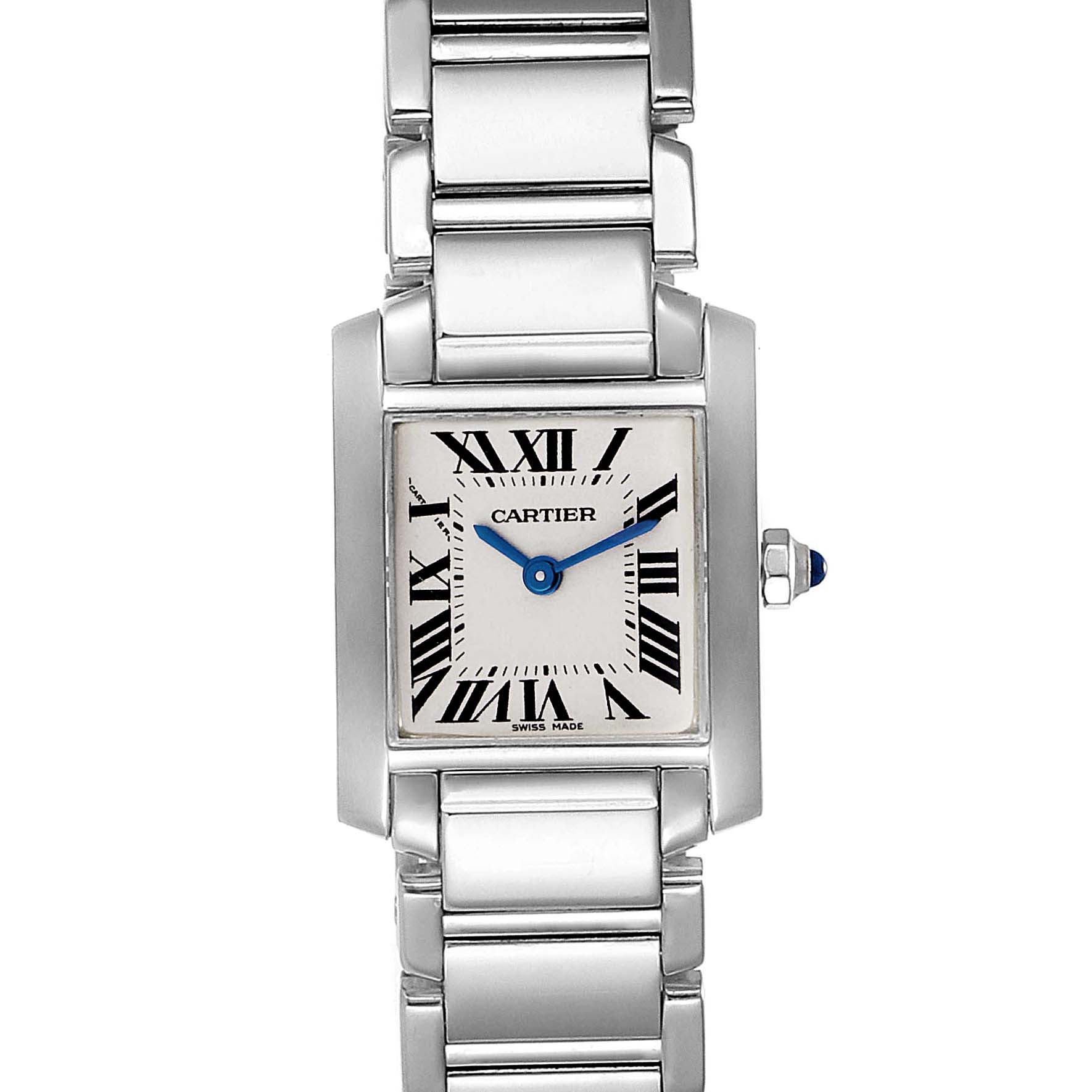 The image shows a Cartier Tank Française watch from a frontal angle, displaying its rectangular face, Roman numerals, and metal bracelet.