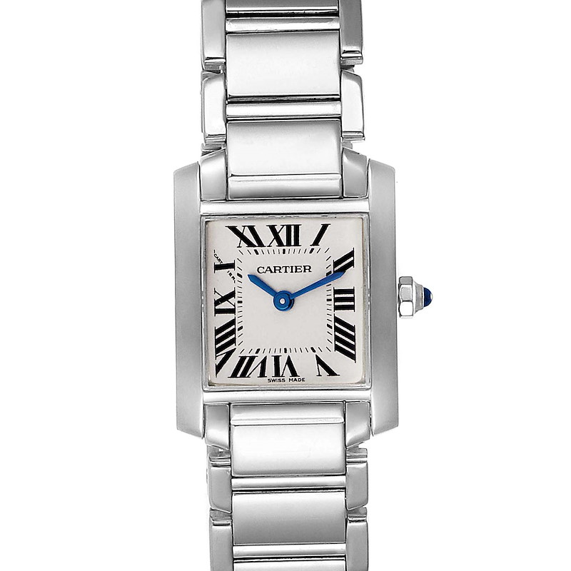 The image shows a Cartier Tank Française watch from a frontal angle, displaying its rectangular face, Roman numerals, and metal bracelet.