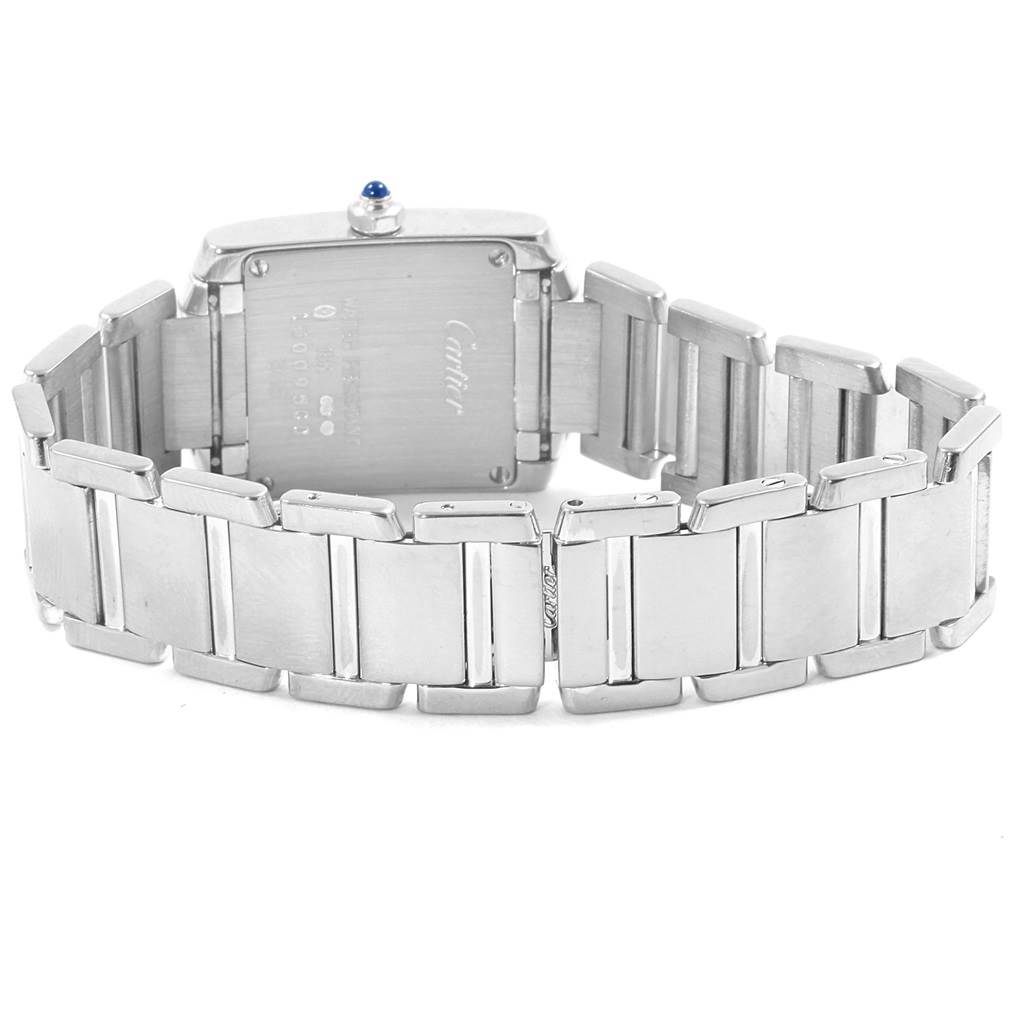 The image shows the back view of the Cartier Tank Francaise W50012S3 Women's White Gold Silver Dial W50012S3 Women's White Gold Silver Dial watch, highlighting the metal link bracelet and case back.