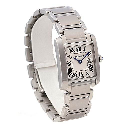 The image shows a Tank Francaise watch by Cartier, featuring its bracelet, case, and dial with Roman numerals, partially side-viewed.