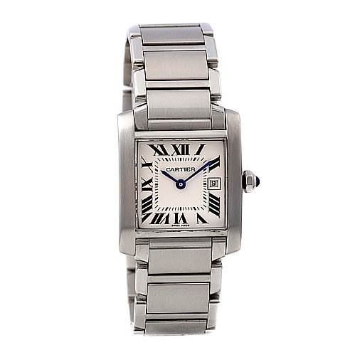 The Cartier Tank Française watch is shown from a front angle, displaying the face, bezel, and stainless steel bracelet.