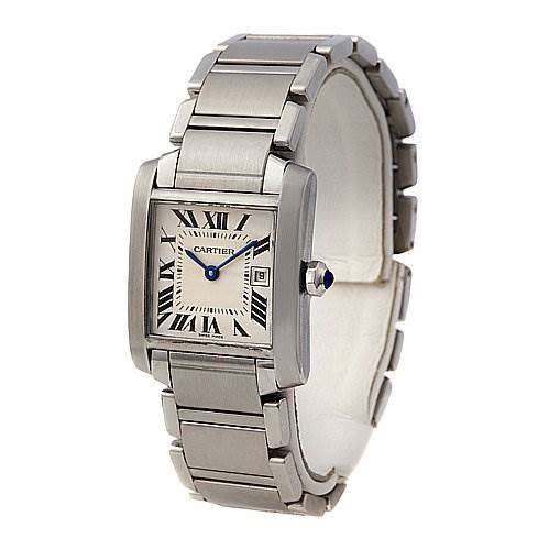 The Cartier Tank Française watch is shown at a three-quarter angle, highlighting its rectangular face, metal bracelet, and crown with a blue cabochon.