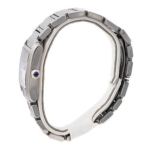 This side-view image shows the profile, crown, and bracelet of the Cartier Tank Française watch.