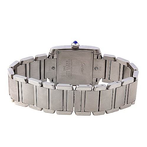 The image shows the back case and bracelet of the Tank Francaise watch by Cartier from a rear angle.