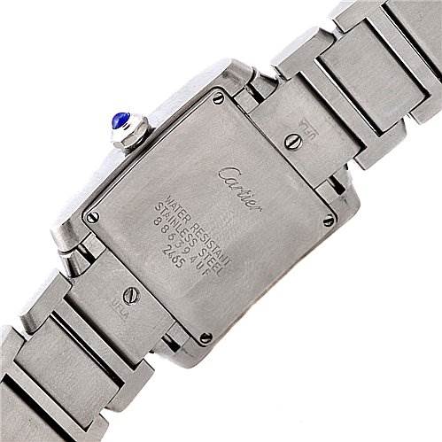 The image shows the back of the Cartier Tank Francaise W51011Q3 Women's Stainless Steel Silver Dial W51011Q3 Women's Stainless Steel Silver Dial watch and parts of its bracelet.