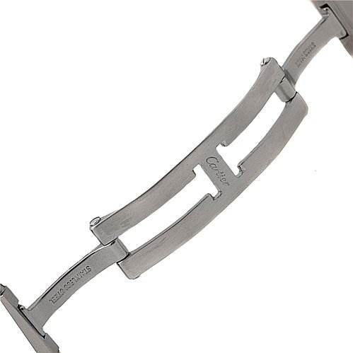 The image shows a close-up of the stainless steel bracelet links of a Cartier Tank Française watch.