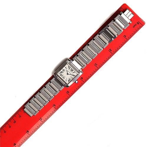 The Cartier Tank Francaise W51011Q3 Women's Stainless Steel Silver Dial W51011Q3 Women's Stainless Steel Silver Dial watch is shown flat, face-up, with its bracelet measured against a red ruler.