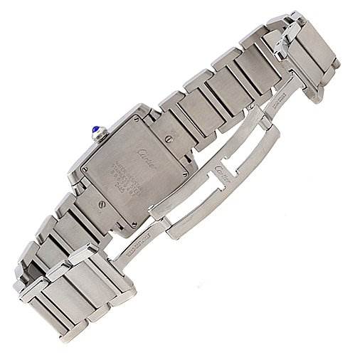 The image shows the back view of a Cartier Tank Française watch, including its bracelet and clasp mechanism.