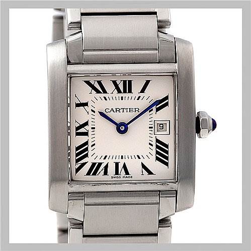 This is a front view of the Cartier Tank Francaise W51011Q3 Women's Stainless Steel Silver Dial W51011Q3 Women's Stainless Steel Silver Dial watch, showing the face, Roman numerals, date window, and blue hands.