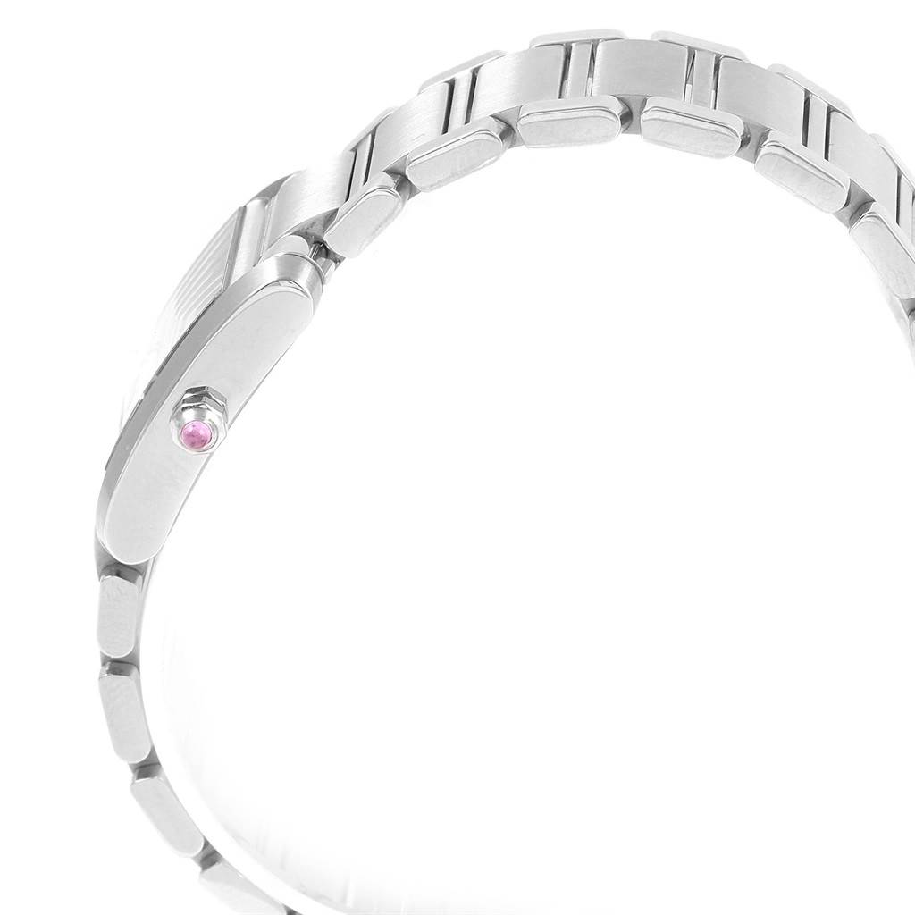 The image shows a side view of the Tank Française watch by Cartier, focusing on the bracelet and crown.