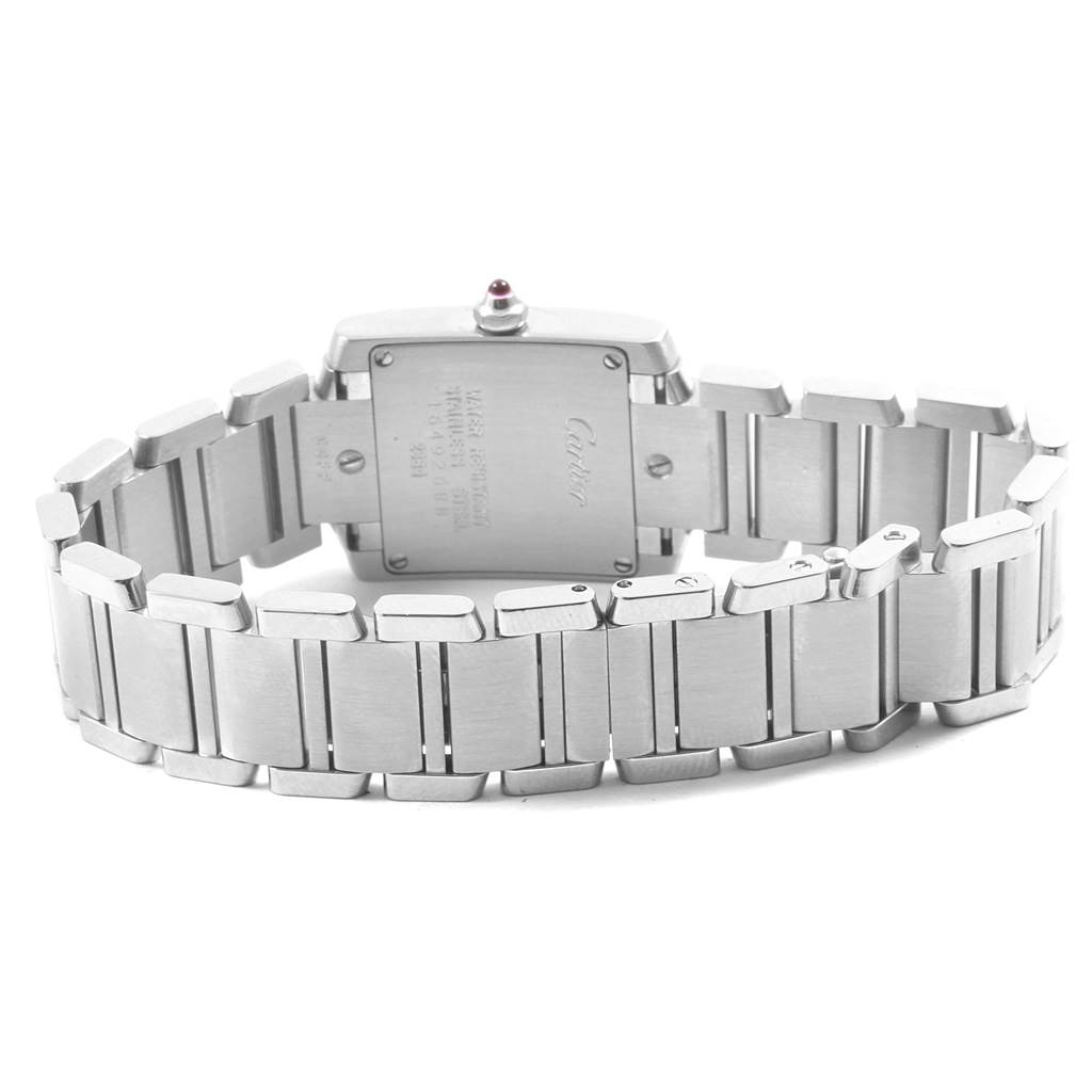 The image shows the back view of the Cartier Tank Francaise W51028Q3 Women's Stainless Steel Mother of Pearl Dial W51028Q3 Women's Stainless Steel Mother of Pearl Dial watch, highlighting its stainless steel bracelet and case back.