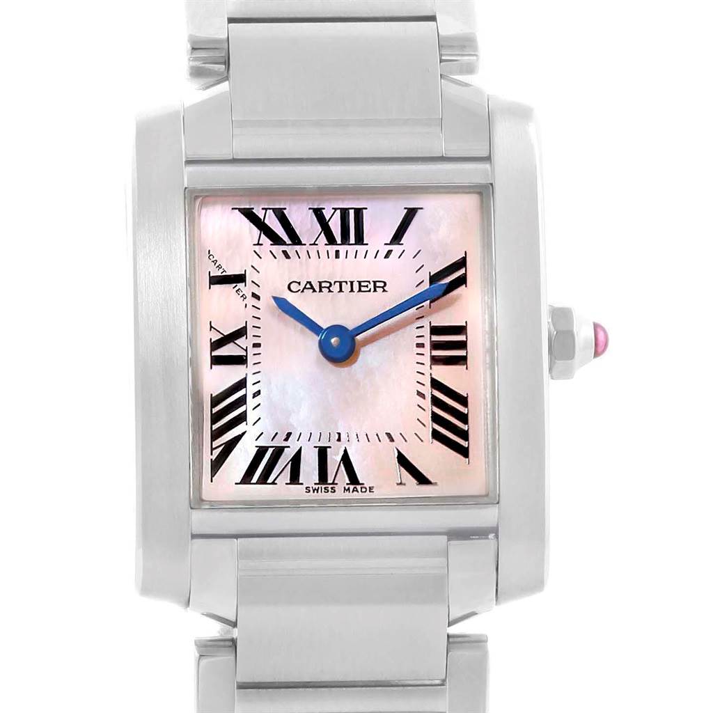 This image shows a close-up, frontal view of a Cartier Tank Francaise W51028Q3 Women's Stainless Steel Mother of Pearl Dial W51028Q3 Women's Stainless Steel Mother of Pearl Dial watch, highlighting the dial, hands, and part of the bracelet.