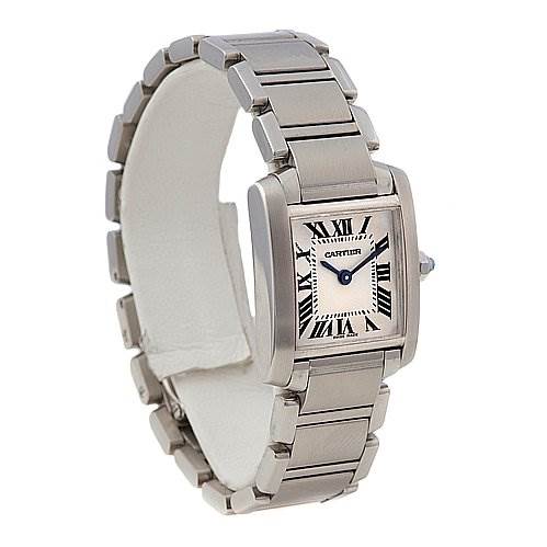 The image shows a Cartier Tank Francaise W51008Q3 Women's Stainless Steel Silver Dial W51008Q3 Women's Stainless Steel Silver Dial watch at a three-quarter angle, highlighting the rectangular face, Roman numerals, and metal bracelet.