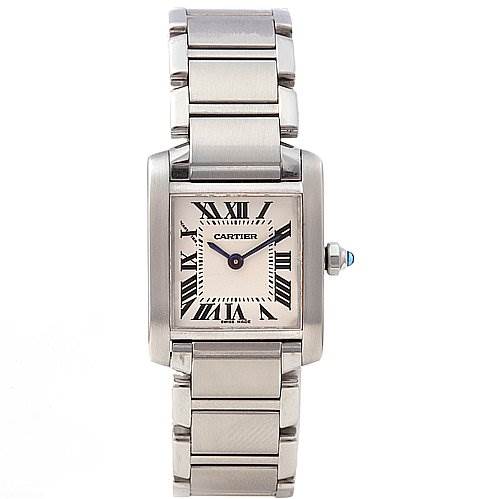 This image shows a Tank Francaise model by Cartier from a front-facing angle, highlighting its rectangular face and metal bracelet.