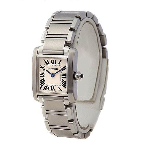 This image shows a Cartier Tank Française watch from an angled side view, highlighting its square face, bracelet, and crown.