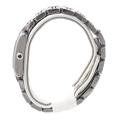 This image shows a side view of the Cartier Tank Francaise W51008Q3 Women's Stainless Steel Silver Dial W51008Q3 Women's Stainless Steel Silver Dial watch, focusing on its stainless steel bracelet and case.