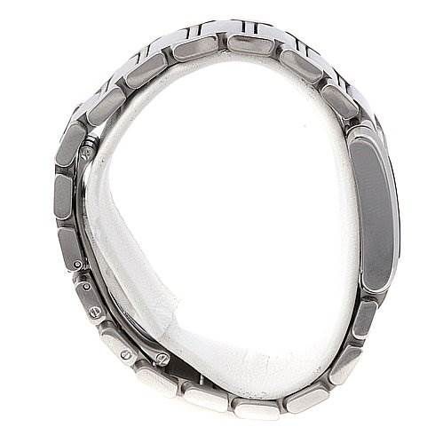 The image shows the side profile and bracelet link details of a Cartier Tank Française watch.