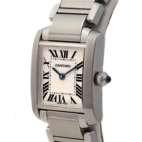 The image shows a close-up of a Cartier Tank Française watch face and part of the bracelet, viewed from an angle.