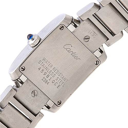 The image shows the back case and bracelet of a Cartier Tank Francaise W51008Q3 Women's Stainless Steel Silver Dial W51008Q3 Women's Stainless Steel Silver Dial watch, highlighting the engraved details and screw-down case back.