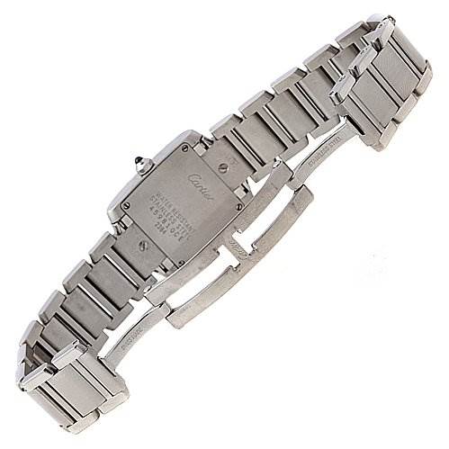 The image shows the back and clasp of a Cartier Tank Francaise W51008Q3 Women's Stainless Steel Silver Dial W51008Q3 Women's Stainless Steel Silver Dial watch at an angled view.