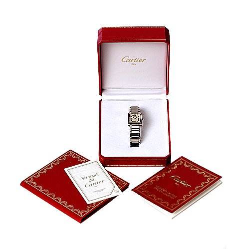 The image shows a Cartier Tank Francaise W51008Q3 Women's Stainless Steel Silver Dial W51008Q3 Women's Stainless Steel Silver Dial watch in an open red box, with accompanying booklets displayed around it.