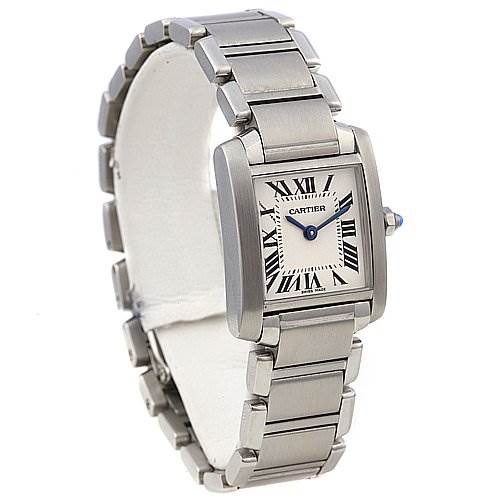 This image shows a Cartier Tank Française watch at a three-quarter angle, highlighting its rectangular face and stainless steel bracelet.