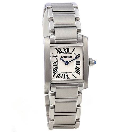 This image shows a Cartier Tank Francaise W51008Q3 Women's Stainless Steel White Dial W51008Q3 Women's Stainless Steel White Dial watch, featuring its face, metal bracelet, crown, and Roman numeral dial, viewed from the front.